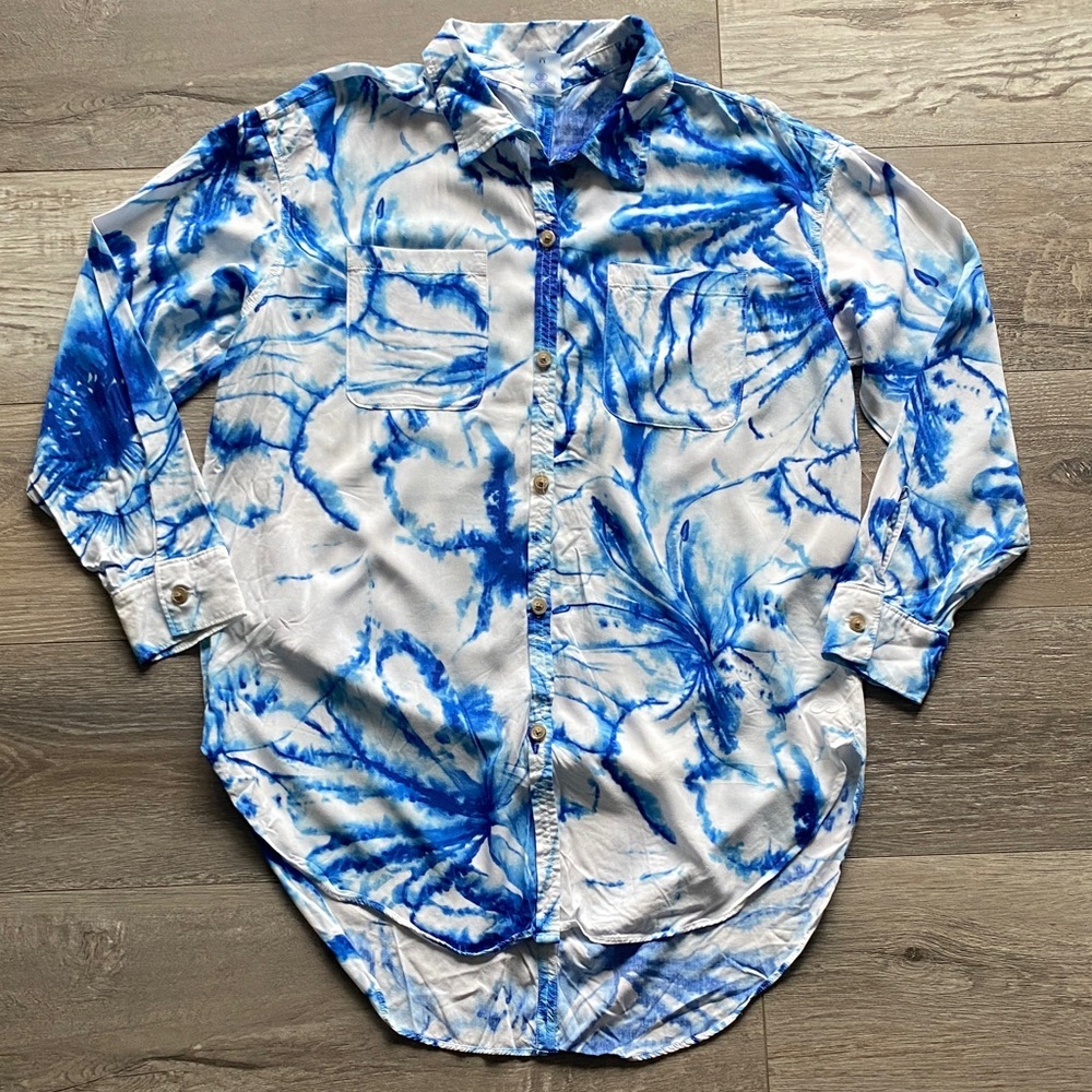 Calia Tie-Dye Button-Down Shirt Womens Sz MD Blue White Tunic Coverup